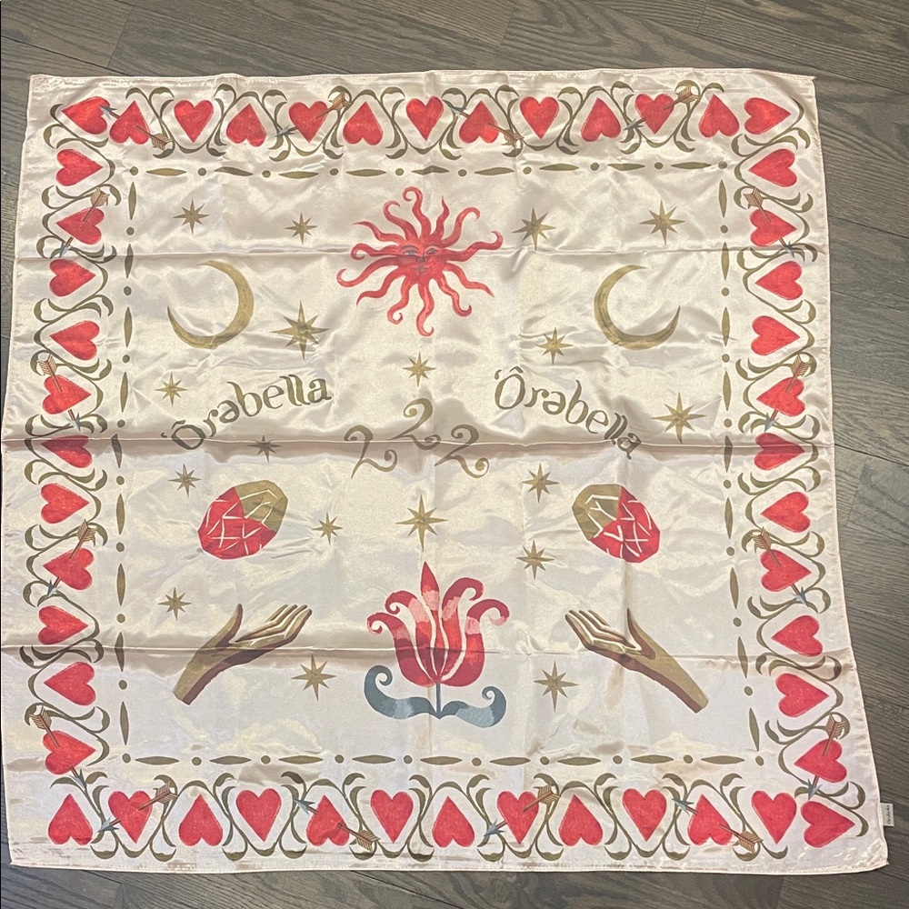 Orebella Cream Silk Scarf with Red Heart & Celestial Motif Bella Hadid 36x36
